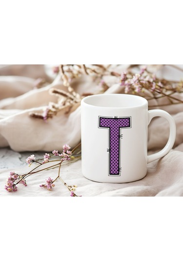 T Harfi Mor Puantiyeli Kupa Bardak - Polka Dot Tasarım Kahve Çay Bardak - Kişiye Özel Hediyelik Beyaz