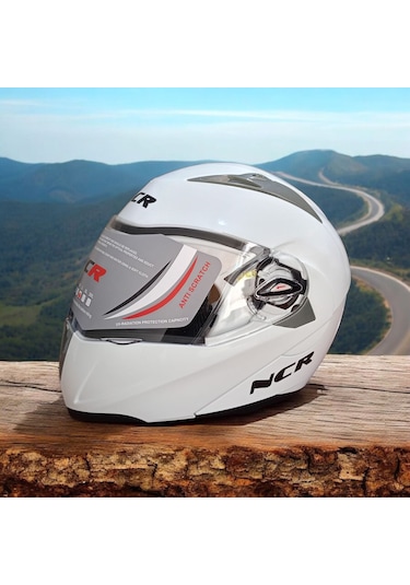 Ncr-158 Çene Açılır Gözlüklü E-ce Belgeli Motosiklet Kaskı Parlak Beyaz