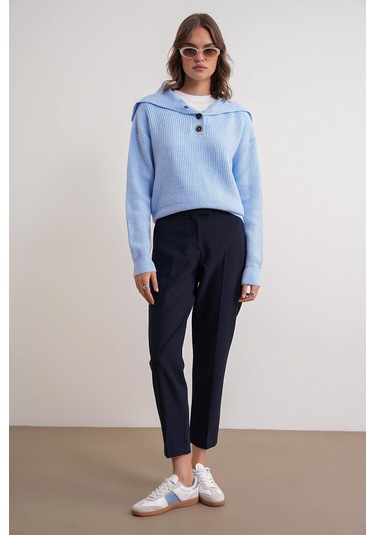 6900 Kadın Düğmeli Devrik Yaka Triko Kazak Bebe Mavi Bebe Mavi