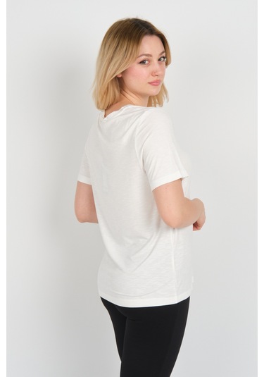 Ella Camelia Kadın Kelebek Şekilli Taş Süslemeli V Yaka Kısa Kollu Bluz 24e047 Ekru Ekru