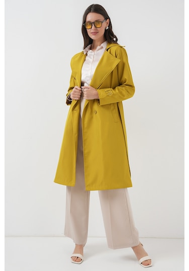 5918 Kruvaze Yaka Trençkot - Yağ Yeşil Yeşil