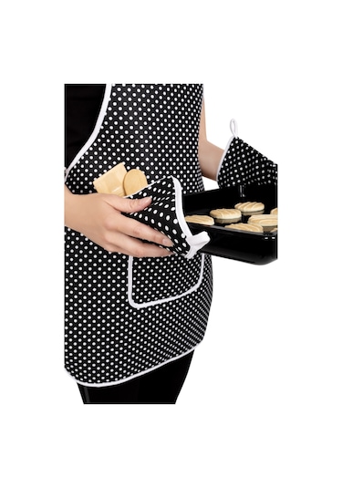 4 Lü Mutfak Çeyiz Seti Mutfak Önlüğü , Fırın Eldiveni Ve Tutacak Takımısiyah Puantiye