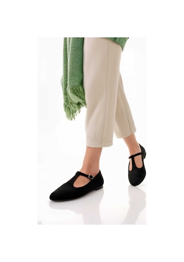 Siyah Süet T-strap Mary Jane Tasarım Babet Siyah Süet