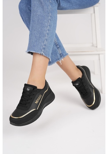 Muggo Happy Garantili Kadın Ortopedik Günlük Bağcıklı Şık Rahat Sneaker Spor Ayakkabı Siyah - Altın