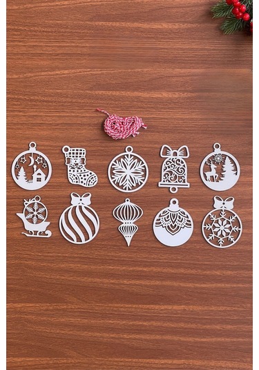 River World Yılbaşı Ağaç Süsü Kırmızı Beyaz İpli Karışık Model Ahşap 10 Parça