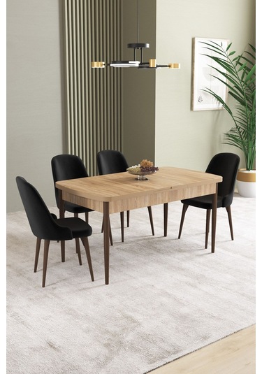 Ikon Meşe Desen 80x132 Mdf Açılabilir Mutfak Masası Takımı 4 Adet Sandalye Siyah