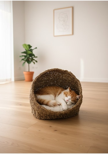Oval Gölgelikli Hasır Kedi Ve Köpek Yatağı, Kedi Evi Örme Sepet Minder Dahil