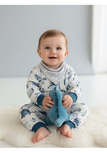 Zekids Erkek Bebek Pamuklu Dinazor Desenli Pijama Takımı-16268 Mavi