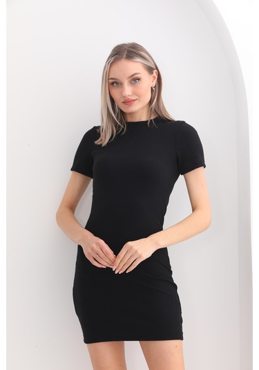 Kallima Siyah Kısa Kollu Mini Fitilli Esnek Kalem Elbise