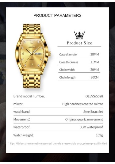 Olevs Top Marka Erkek Kuvars Saat Lüks Elmas Şık Paslanmaz Çelik Tonneau Kadran Su Geçirmez Işıldayan Erkek Kol Saati Altın - Siyah