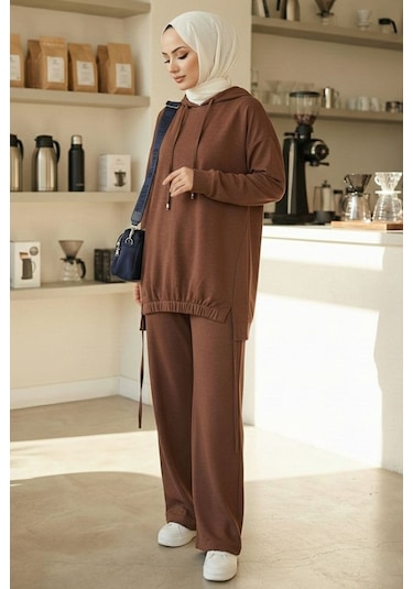 Bestenur Kapüşonlu Tunik Pantolon Takım 1682 - Kahve Kahverengi