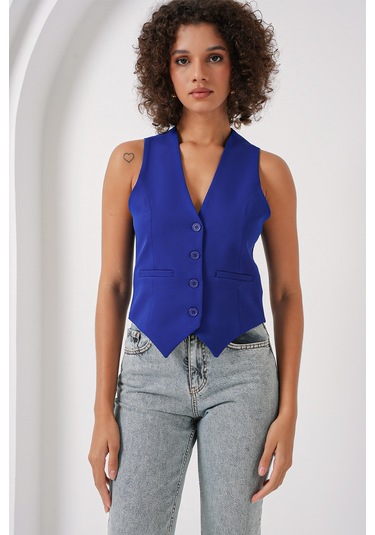 6796 Kısa Dokuma Yelek - Saks Saks