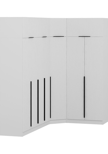 Kaleplus 7 Kapaklı 2 Çekmeceli Köşe Dolap + Yüklük Beyaz Mebran Beyaz Çizgili 255cm Beyaz