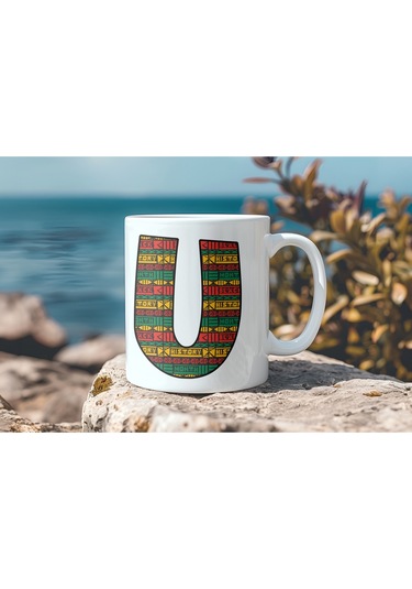 U Harfi Etnik Desenli Kupa - Afrika Tarzı Kahve Çay Kupası - Hediyelik - Black History Beyaz