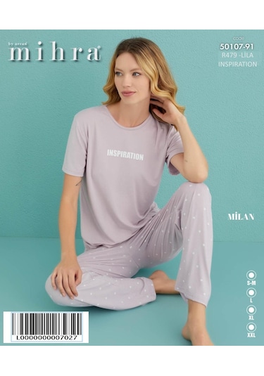 Mihra Kadın Bisiklet Yaka Milan Likralı Kısa Kol Pijama Takımı 50107/91- 1 Adet Lila