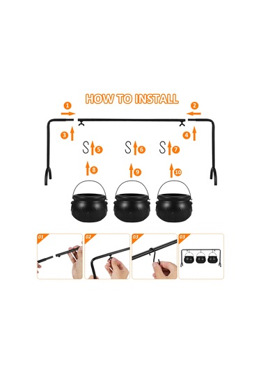 Yunboo 3'lü Demir-pp Halloween Saklama Kovaları, 56.5cm Braket Ve Kanca Seti, Siyah Siyah