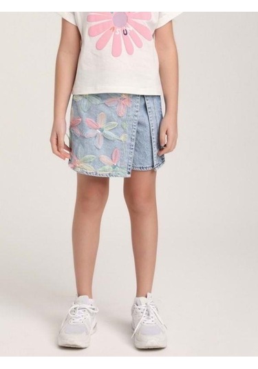 Kız Çocuk Çiçek İşlemeli Tasarım Şort Etek-15579 Mavi