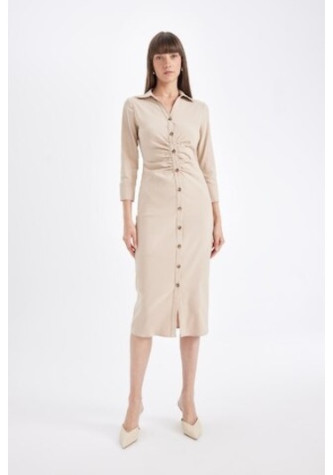 Defacto Gömlek Yaka Basic Düz Düğmeli Beli Büzgülü Bengalin Yarım Kollu Elbise D4560AX24AUBG303