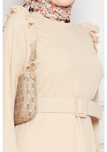 Omuzu Fırfır Kemerli Elbise-bej-4561 Bej