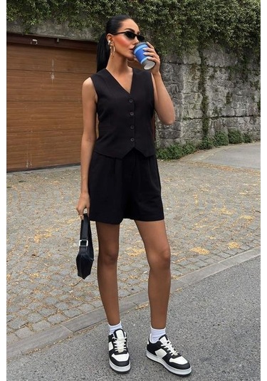 Yelek Şort Flamlı Keten Takım 10133-17 Si Yah