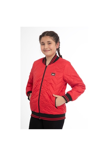 Kız Çocuk Kırmızı Kolej Yaka İçi Astarlı Su Ve Rüzgar Geçirmez Fermuarlı Cep Mont Kırmızı