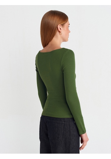 Dilvin 31401 Büzgülü Kayık Yaka Top-koyu Haki Koyu Haki