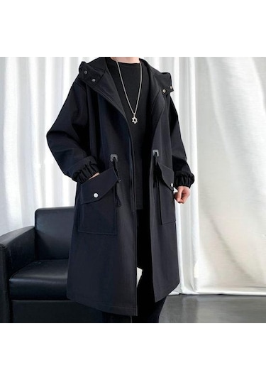 Erkekler Trençkot Kapşonlu Gevşek Orta Uzunlukta Büyük Cepler Uzun Kollu Rüzgar Geçirmez Düz Renk Fermuar Kapatma Kırışıklık Karşıtı Elastik Manşet Street... Siyah