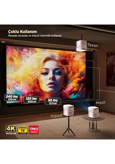 Vankyo H300A AndroidTV 4K Destekli AutoFocus+AutoKeystone 6G Wi-Fi+5.2BT Beyaz Projeksiyon Cihazı