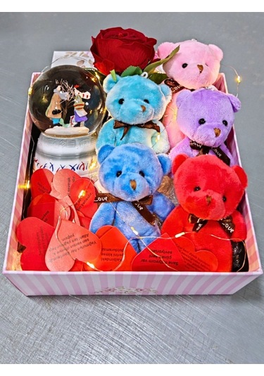 Romantik Hediye Kutusu Işıklı Kalpli Mesajlı Kar Küresi Ve Peluş Ayıcıklarla Dolu Sevgiliye Hediye Renkli