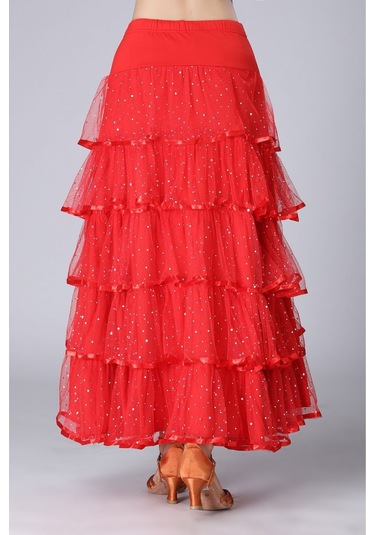 Sones Pullu Salıncak Modern Dans Uzun Etek Yarışma Kostümü Kırmızı