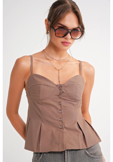 4737 Kadın Düğmeli Kuplu Pileli Bluz Moka Moka