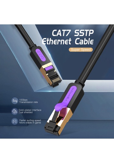 Xiyyadms Vention Cat7 Sstp 10gbps Hızlı Ethernet Kablosu, Çift Ekranlı Saf Bakır, Rj45 Altın Kaplama, Ofis/apartman Ağ İçin, Siyah, 1m