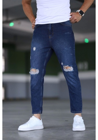 Erkek Boyfiend Yırtıklı Lacivert Kot Pantolon Lacivert