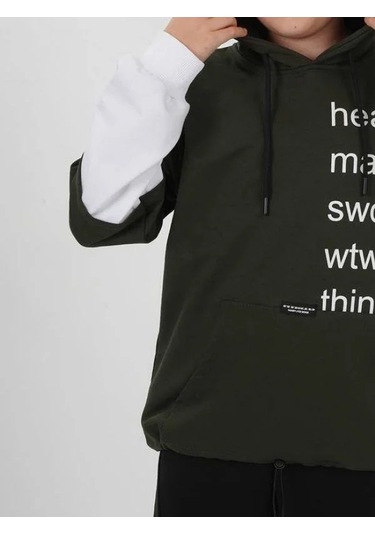 Çocuk Pamuklu Kapüşonlu Heart Mat Yazılı Sweatshirt-14830 Haki