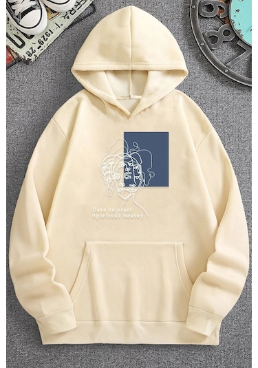 Uyguntarz Unisex Minimal Line Drawing Baskılı Sweatshirt Bej