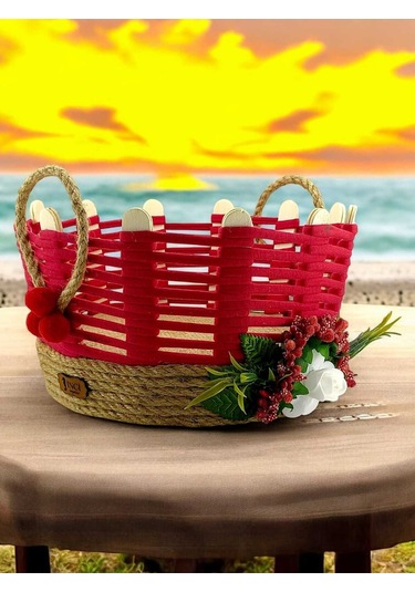 Hasır Sepet Çok Amaçlı Organizer Takı Kutusu Komodin Banyo Kullanımı Kırmızı