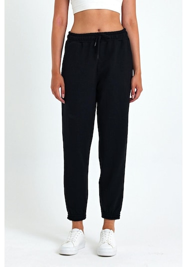 Kadın Siyah Pamuklu Kalın Paçası Lastikli Yüksek Bel Rahat Jogger Eşofman Altı Siyah