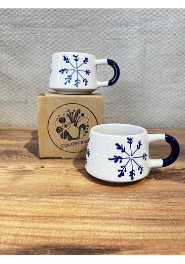 Mavi Ok Desenli El Yapımı Seramik Kupa, Mug, Türk Kahvesi