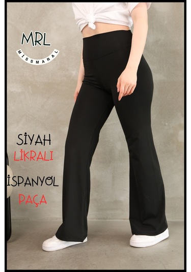 Kadın Siyah Yüksek Bel Toparlayıcı Tayt Pantolon Ispanyol Paça Likralı Esnek Dalgıç Kumaş 1040 SiYAH