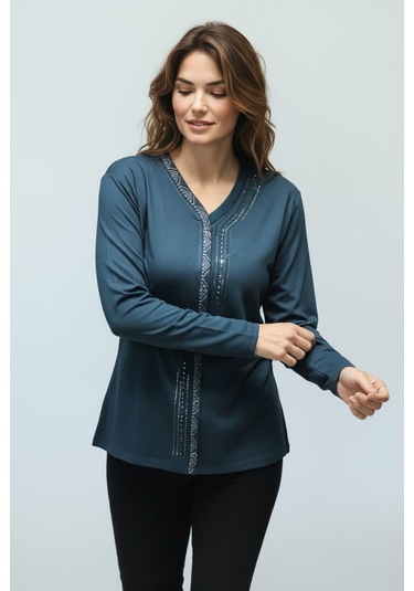 Kadın Önü Kapalı Düğme Detaylı Taşlı Nergis Mevsimlik Bluz Zümrüt