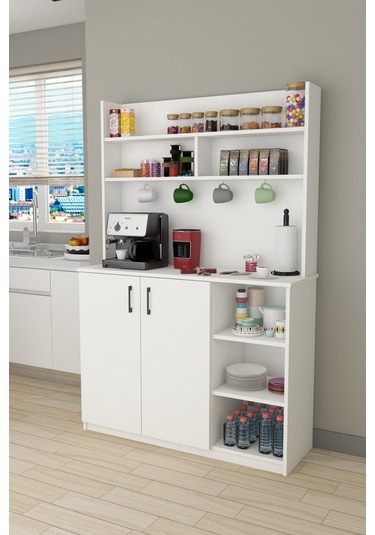 %100 Mdflam Kahve Köşesi Çok Amaçlı Mutfak Dolabı Kahve02 Beyaz Beyaz