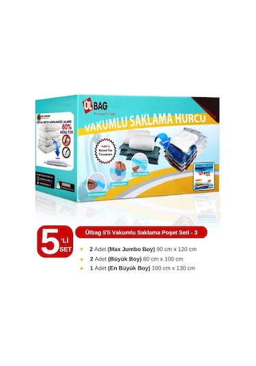 5'li Vakumlu Saklama Poşet Seti-3 Yorgan, Battaniye, Yastık Vakumlu Hurç - Vakumlu Torba Şeffaf