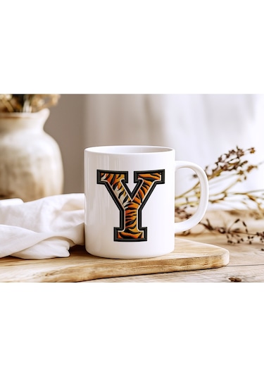 Y Harfi Kaplan Figürlü Nakış Desenli Kupa Bardak - Kişiye Özel Vahşi Hayvan Desenli Kupa - Hediye Beyaz