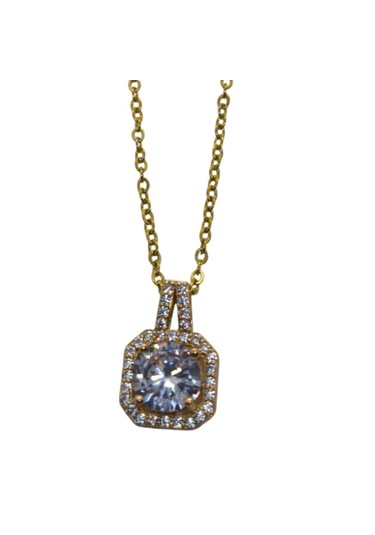 Altın Renk Kare Beyaz Taş Sf Zincir Çelik Kolye Altın