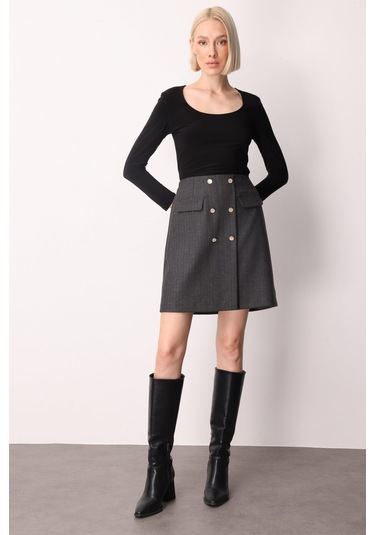 Ekol Kadın Beli Lastikli Süs Düğmeli Mini Etek 2019 Siyah Siyah