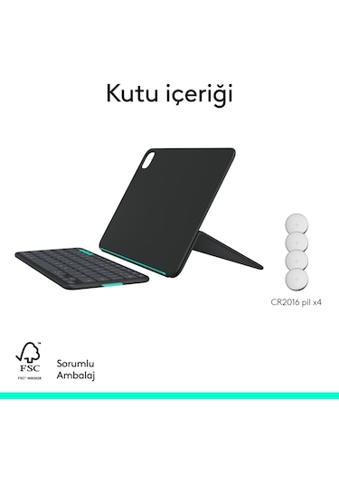 Logitech Flip Folio İpad Pro 11 İnç M4 , İpad Air 11 İnç M2 Ve M3 , İpad Air 5. Nesil İle Uyumlu Türkçe Klavyeli Tablet Kılıfı, Siyah Siyah