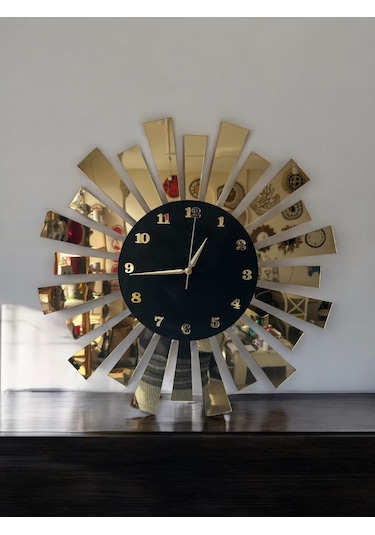 Ahşap Duvar Saati Gold Yelpaze Model 50cm Siyah - Gold