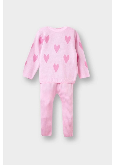 Defacto Kız Bebek 2li Takım Kalp Desenli Triko Kazak Alt F3228a525wnpn364 Pembe