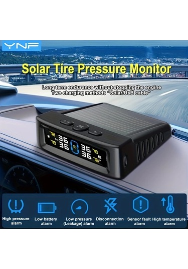 Boatshop1 Ynf Solar Tpms Siyah Gercek Zamanli Lastik Basinc Sicaklik Monitoru 4 Harici Sensor Usb Sarj