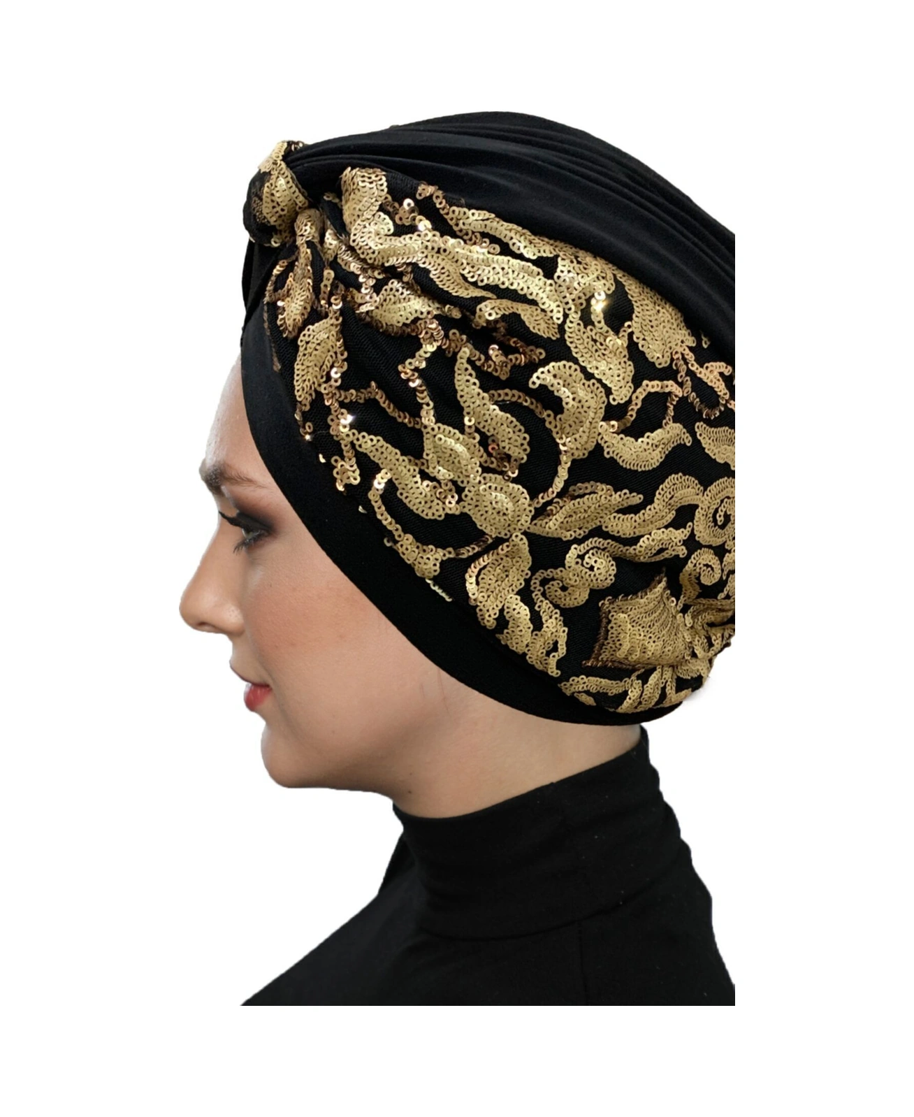 Özel Tasarım Siyah Üzeri Altın Payetli Etnik Desenli Astarlı Hazır Türban Tesettür Abiye Bone Siyah5